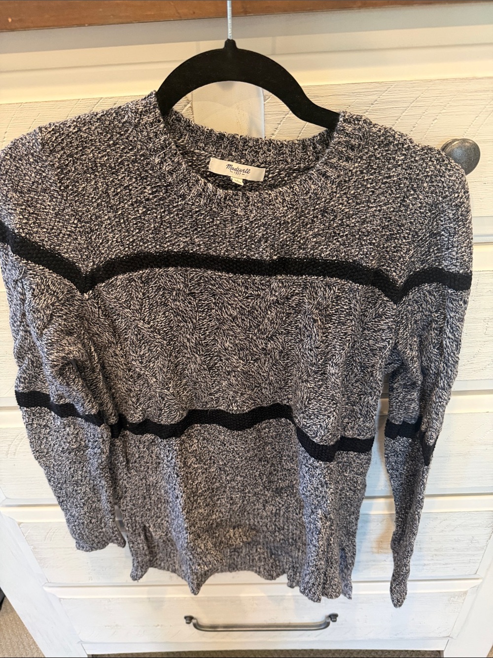 Madewell Marled Gray Crewneck Sweater with Black Stripe Detail